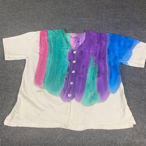 VTG Charles Angel Top Womens 2XL White Button Up Beach Colorful Paint‎ Art Retro
